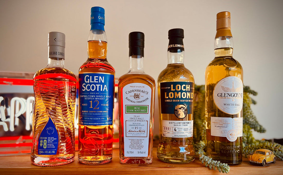 Five whiskies tasted at Devon Dram Club in Exeter: Cù Bòcan Creation #8, Glen Scotia 12 Year Old, Cadenhead's Bunnahabhain 15 Year Old Rum Cask Matured, Loch Lomond Distillery Edition Eleven and Glengoyne White Oak.