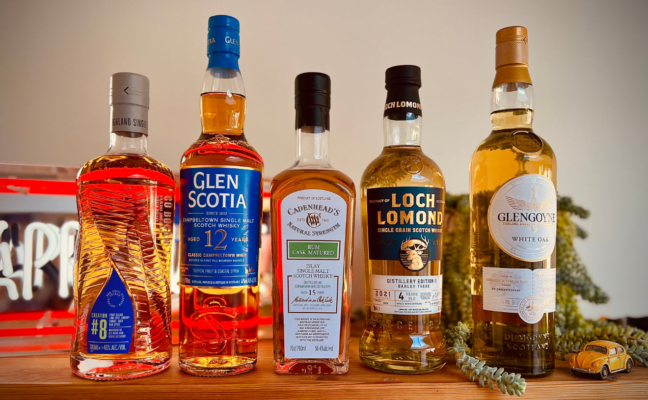 Five whiskies tasted at Devon Dram Club in Exeter: Cù Bòcan Creation #8, Glen Scotia 12 Year Old, Cadenhead's Bunnahabhain 15 Year Old Rum Cask Matured, Loch Lomond Distillery Edition Eleven and Glengoyne White Oak.